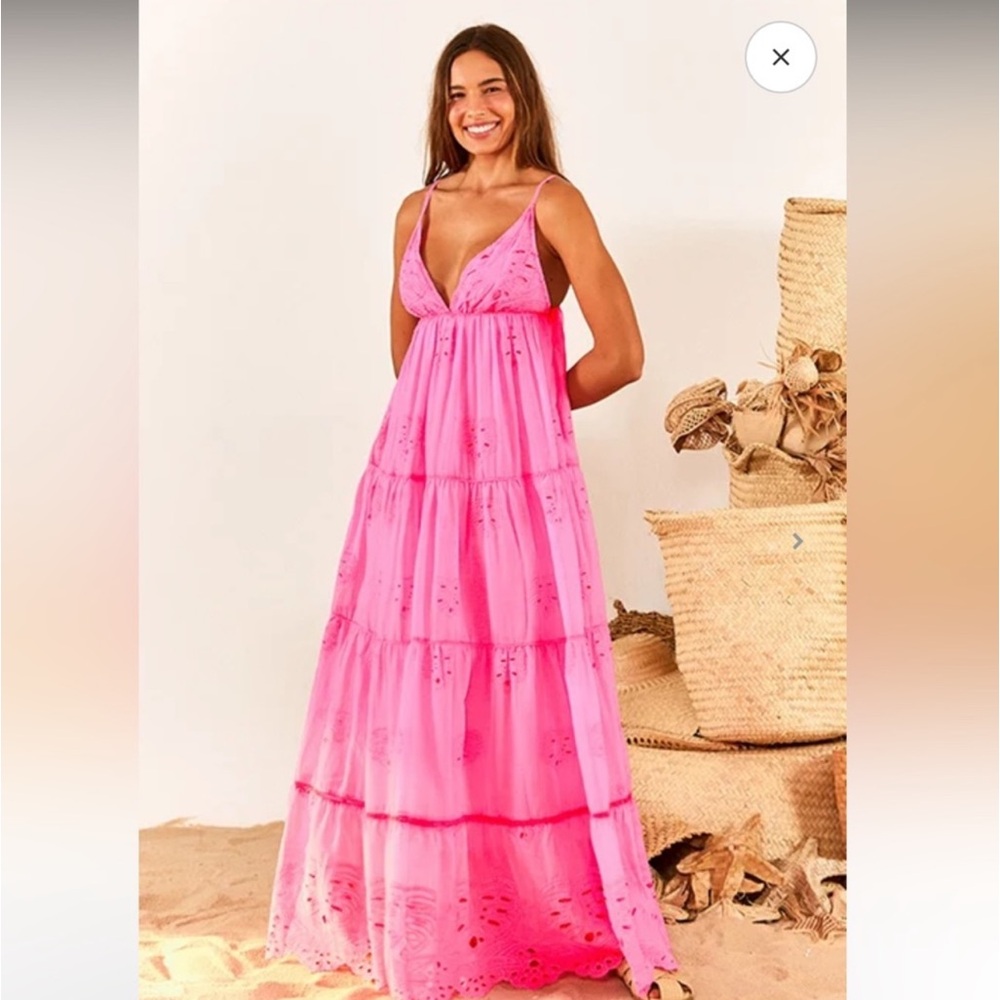 FARM Rio Pink Eyelet Tiered Maxi Dress